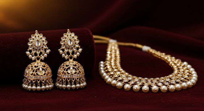 Elegant Gold Jhumkas with Pearl Necklace Set for Special Occasions