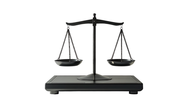 A metallic scale of justice sits on a dark rectangular base against a black background, its pans slightly uneven