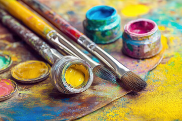 Fototapeta premium Artist palette with vibrant colors and paintbrushes