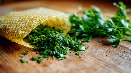 Chef hands cutting green parsley leaves on cutting board with knife for preparing a vegetarian dish
