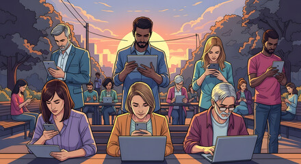 Diverse group using technology working outdoors in a park against sunset showcasing connectivity digital lifestyle  remote work solutions.