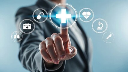 Businessman hand finger touches glowing plus symbols with healthcare icon around in blue digital space, futuristic care concept tied to financial security and online insurance - Powered by Adobe