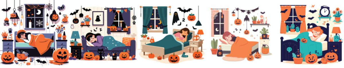 Obraz premium vector of little boy sleeping in halloween decoration room