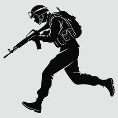 Silhouette of a soldier in tactical gear running forward with an assault rifle