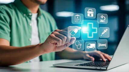Seated man in green shirt interacts with glowing medical cross above laptop surrounded by health icons in bright digital workspace, highlighting online insurance and financial security - Powered by Adobe