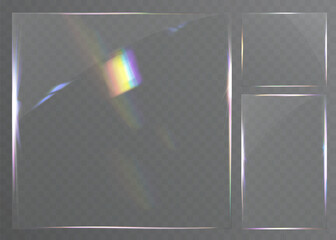Transparent glossy glass frame with rainbow light reflection isolated on background.
