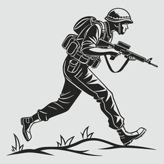 Silhouette of a determined soldier in full combat gear running with a rifle and backpack