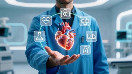 Man extends hand with glowing human heart surrounded by floating medical icons in clean futuristic setting, symbolizing online insurance and financial security - Powered by Adobe