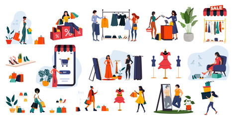 Vector Illustration with diverse Women Shopping for Clothing in Boutique, Fitting Room & Online Retail Experience. Group of different various shopping in the mall, white background.