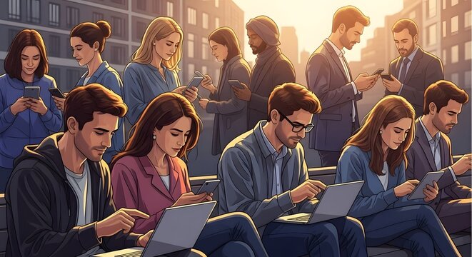 Diverse professionals using digital devices outdoors working remotely illustrating modern communication collaboration technology adoption and mobile work