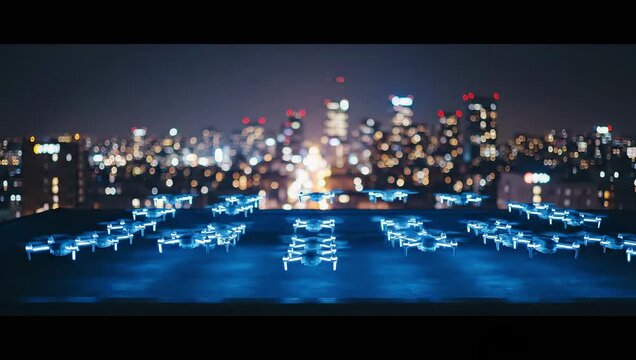 Futuristic swarm of illuminated drones taking off from a rooftop with a blurred city skyline at night. Concept of technology and automation.