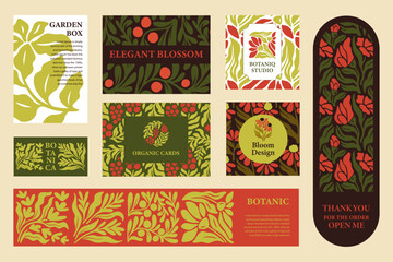 Abstract Banner and Card Templates, Posters with Wild Flower Drawing Elements and Seamless Patterns