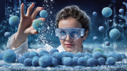 Scientist examining blue spherical particles in a laboratory setting with protective goggles