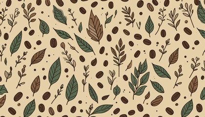 seamless coffee beans and leaves vector pattern
