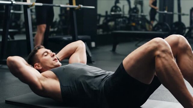 Determined young athletic man doing abdominal crunches exercise on a mat for a strong core workout in the gym