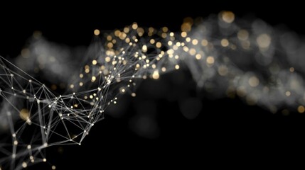 Abstract Network of Golden Light Particles and Connecting Lines on Black Background
