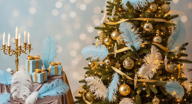 Elegant Christmas tree adorned with gold ornaments and light blue feathers, surrounded by festive gifts and a candelabra. - Powered by Adobe