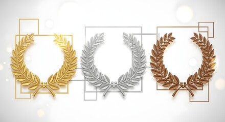 Gold silver bronze laurel wreath emblem on white perfect for awards ceremony invite design representing achievement recognition and success.