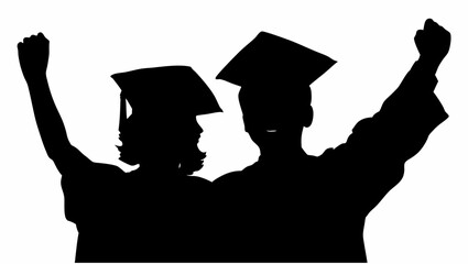 Silhouette of two graduates with arms raised wearing graduation caps celebrating their academic achievement