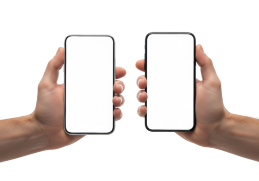 Adult hands holding white and black smartphones with blank white screens, on a clean high-key studio background, copy space, concept for mobile device comparison