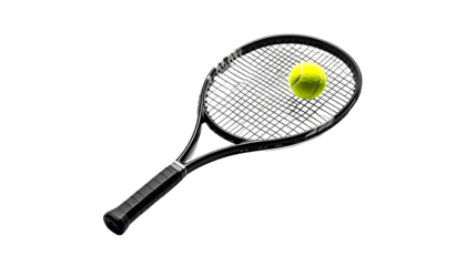 A black tennis racket rests at a slight angle, a yellow tennis ball nestled within its strings against a stark black background.  Water droplets cling to the racket's frame