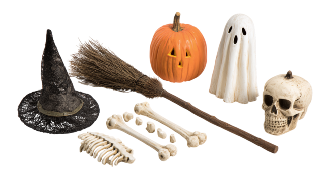 Set of assorted Halloween props including witch broom, bones, pumpkin, and ghost isolated on transparent background  - Powered by Adobe