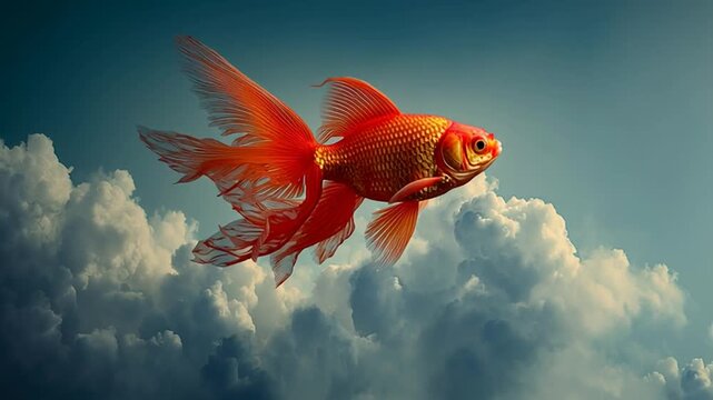 The golden fish flies in the clouds in the sky, fulfilling its own and others&rsquo; wishes; nothing can stop it from reaching its goal.