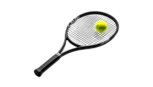 A black tennis racket rests at a slight angle, a yellow tennis ball nestled within its strings against a stark black background.  Water droplets cling to the racket's frame