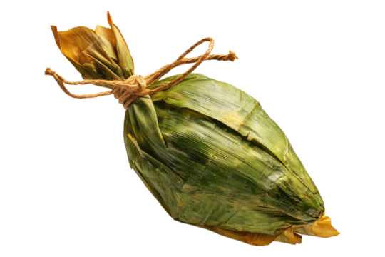 Venezuelan tamales wrapped in corn husk, tied with rustic rope, isolated on white transparent background, representing traditional South American cuisine