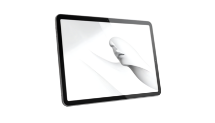 A grayscale digital rendering of a stylized, abstract face emerges from flowing, sculpted white drapery displayed on a dark-bordered tablet