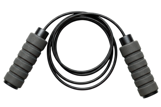 Black fitness jump rope with foam handles for cardio exercise on a transparent background