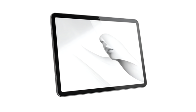 A grayscale digital rendering of a stylized, abstract face emerges from flowing, sculpted white drapery displayed on a dark-bordered tablet