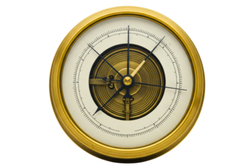 Vintage brass aneroid barometer for weather forecasting on a transparent background