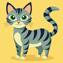 Cute cartoon tabby cat with bright green eyes standing on a yellow background