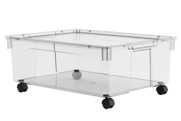 Transparent plastic storage container with small black wheels on a transparent background