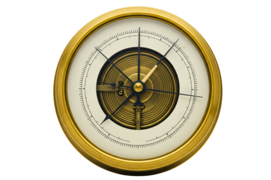 Vintage brass aneroid barometer for weather forecasting on a transparent background