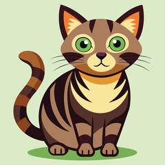 Adorable cartoon tabby cat with big green eyes sitting on grass with a striped tail