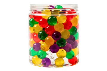 Clear jar of multicolored hydrogel balls for sensory play on a transparent background
