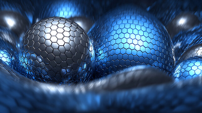 Abstract blue and metallic spheres with hexagonal patterns in a futuristic, textured environment