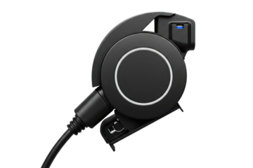 Retractable electric vehicle charging station cable and connector on a transparent background