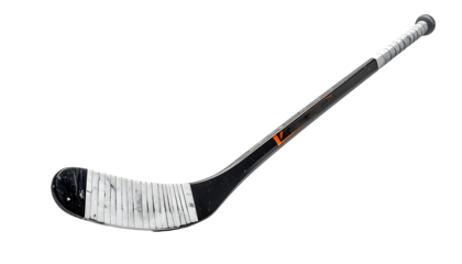 Sleek black hockey stick with white patterned blade, orange accents, and textured grip