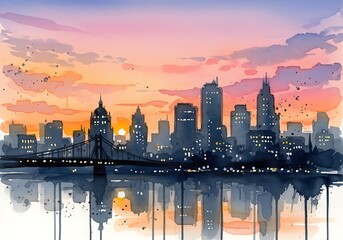 Obraz premium Watercolor Cityscape at Sunset - Urban Silhouette and Reflections.