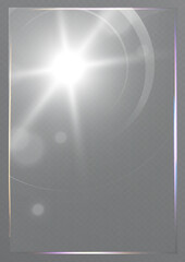 Transparent glossy glass frame with rainbow light reflection isolated on background.
