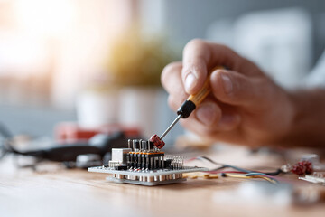 Fototapeta premium Craftsmanship in focus A skilled hand delicately repairs a circuit board with a screwdriver. Symbolizing precision, innovation, and tech problemsolving. Ideal for engineering or electronics.