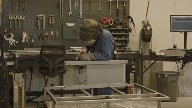 A welder in safety gear uses a torch to weld a piece of metal in a workshop