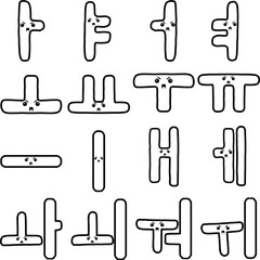 Cute korean alphabet vowel doodle character with angry expression and highlighted heart eyes, an outline black and white illustration set for stickers, emoji, and coloring books. 