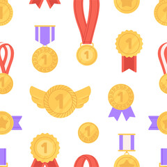 Gold medals seamless pattern. First place medal and victory order with ribbons. Winning print for fabric, web pages, competition, vector background