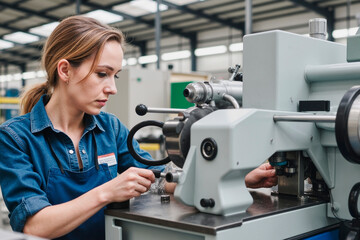 Fototapeta premium woman operating industrial machine in factory , focusing on adjusting equipment controls with both hands, demonstrating technical skill and concentration