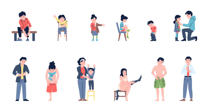 Kids and adults dressing clothes. Changing characters, undressing before sleep or dress up before work. Adult help child change pullover, recent vector scenes