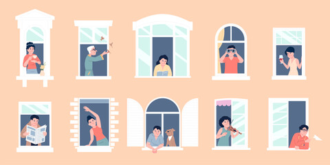 People in windows. Neighborhood community, men women looking out on street, reading, drinking, play music. Different neighbors characters, recent vector scene